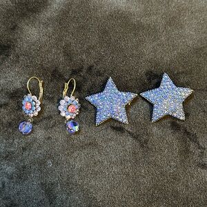 Unique and Vintage set of Bedazzled Star pins and matching flower earrings